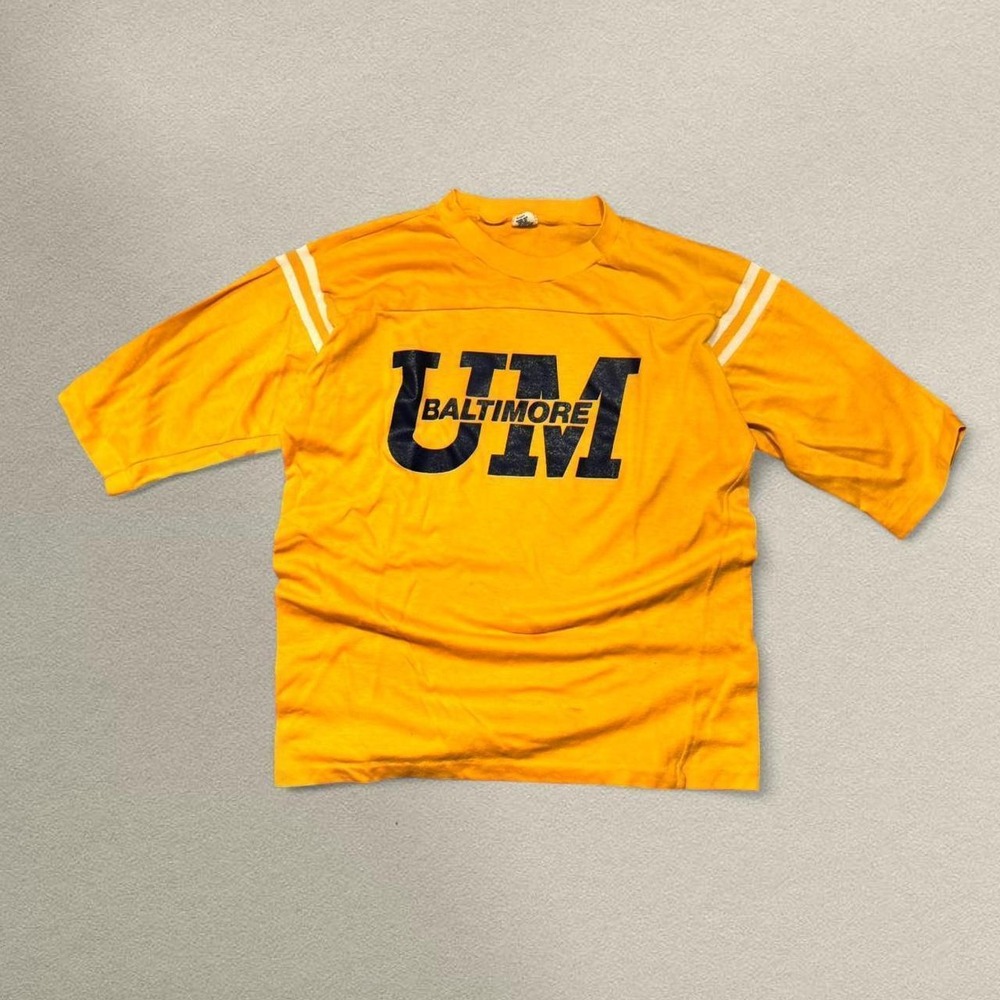 Vintage 1970s UM Baltimore Football Tee | Gold Collegiate Shirt | XL